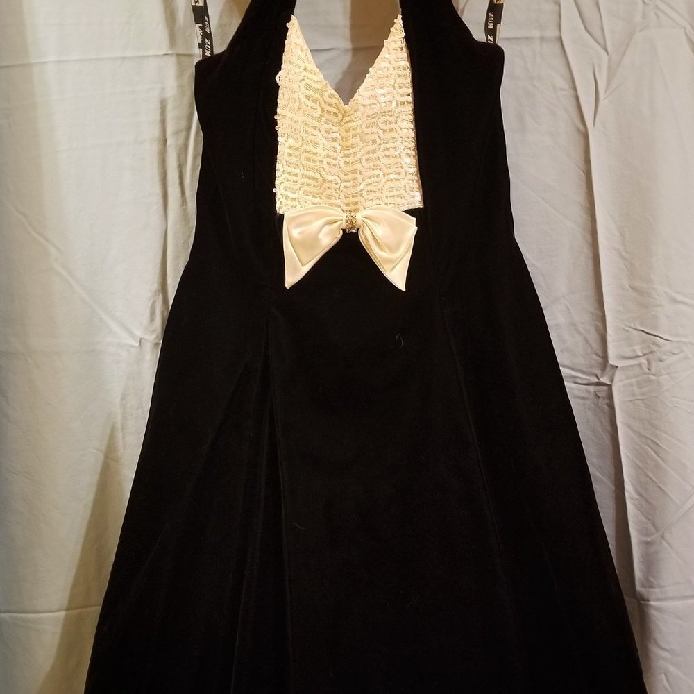 Vintage Black Velvet Formal Dress, Ivory Accents